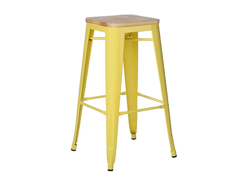Tabouret haut industriel acier brillant et assise en bois massif naturel Reko 76cm-Couleur Jaune