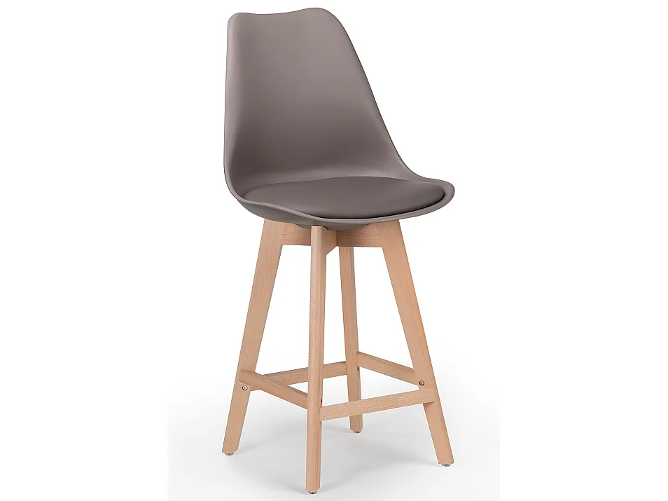 Taburete nórdico con cojín polipiel marrón topo y patas de haya clara Tula 67 cm