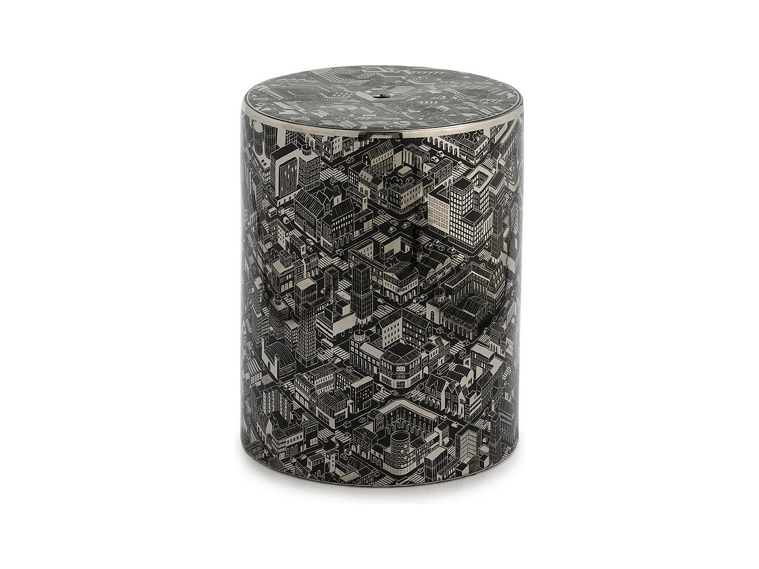 Tabouret bas rond céramique noir et argent imprimé