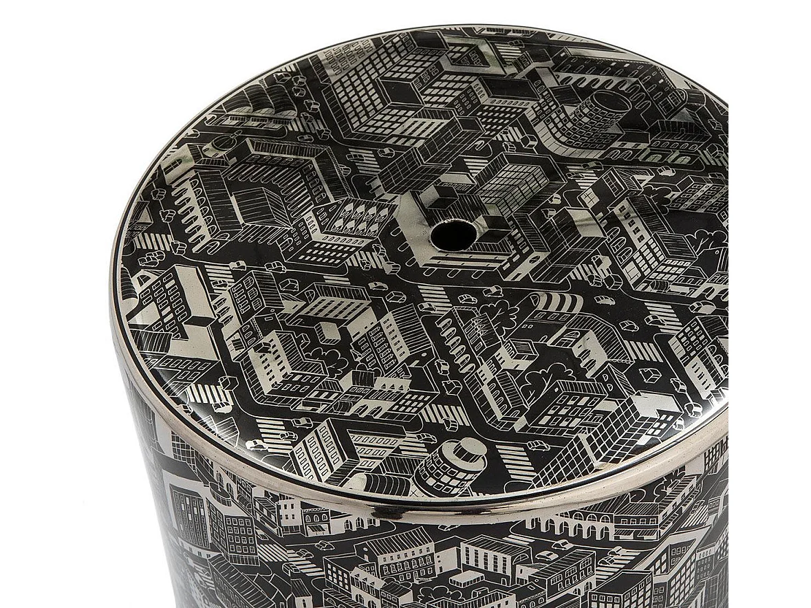 Tabouret bas rond céramique noir et argent imprimé