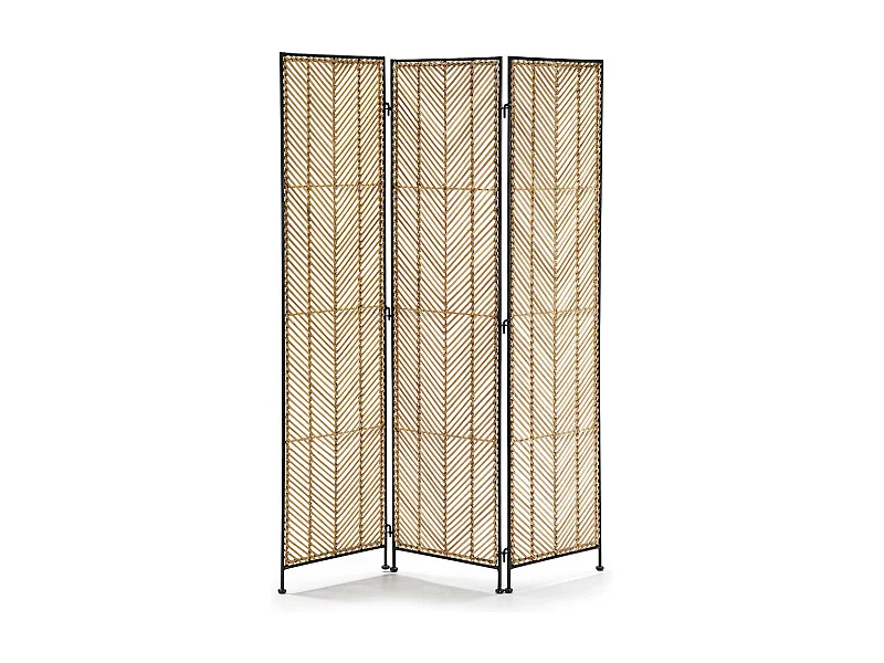 Scherm van natuurlijk riet en zwart metaal met 3 panelen