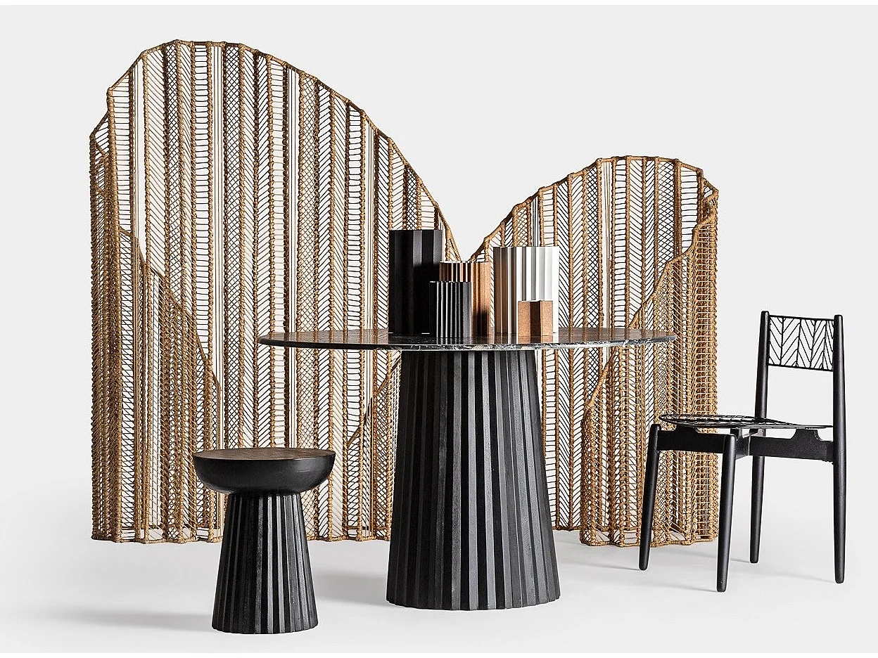 Table à manger ronde bois plissé et marbre 120cm José Manuel Ferrero d’Estudi-Couleur Naturel