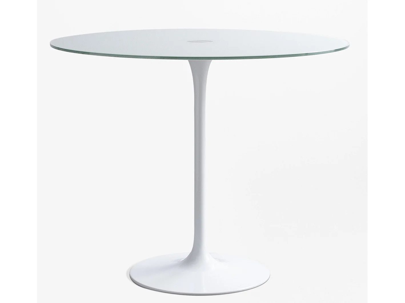 Moderne ronde tafel in wit metaal en wit kristalglas 90 cm