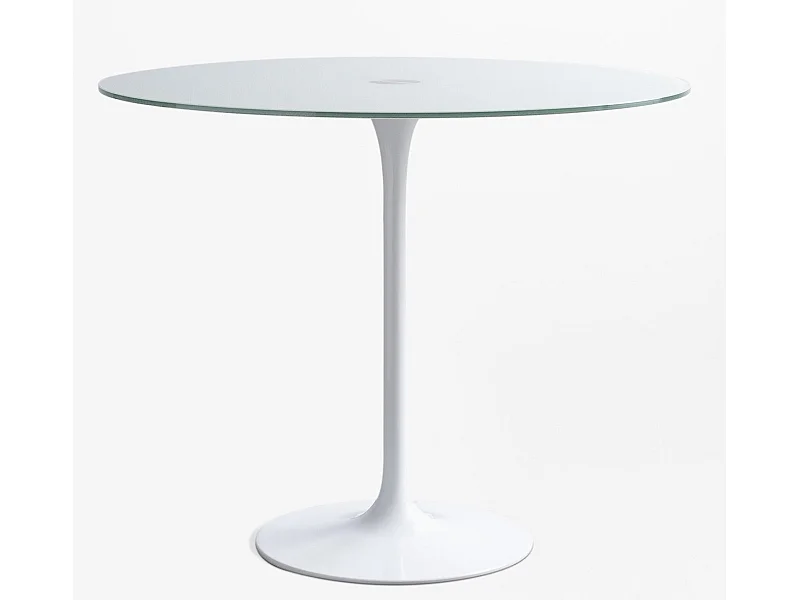 Table ronde moderne métal blanc et verre cristal blanc 90cm