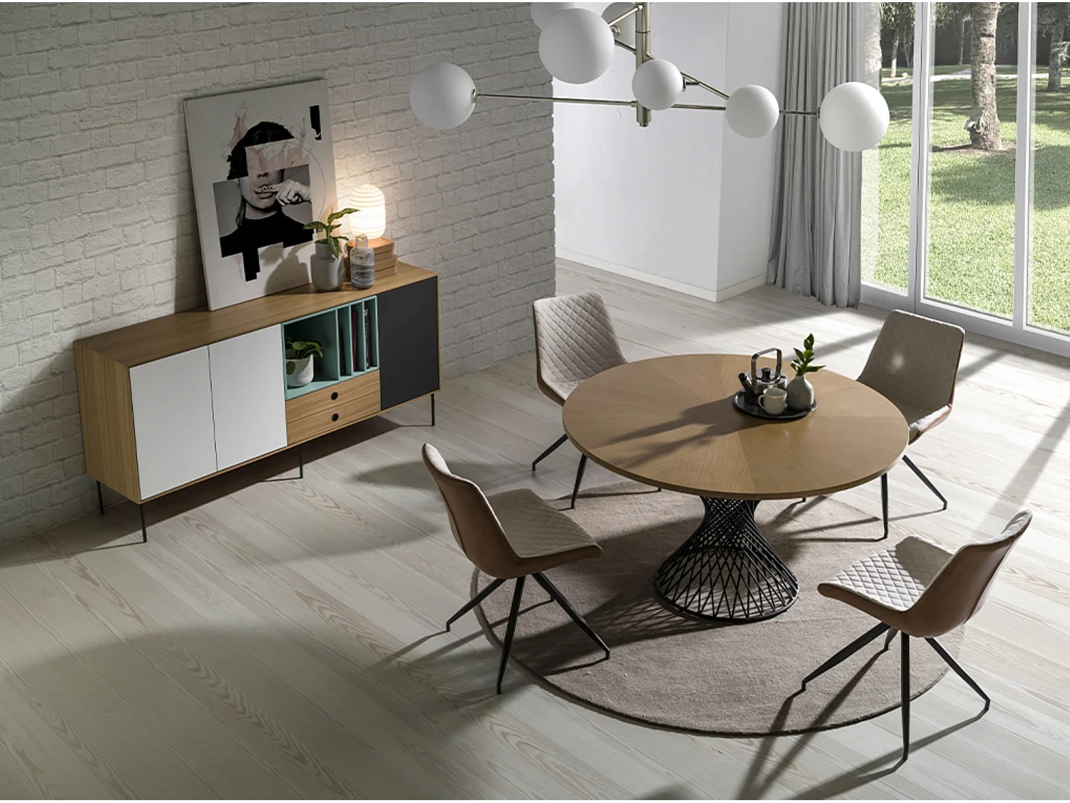 Table à manger ronde bois chêne clair et pieds croisée métalliques noir mat Helzani 137cm