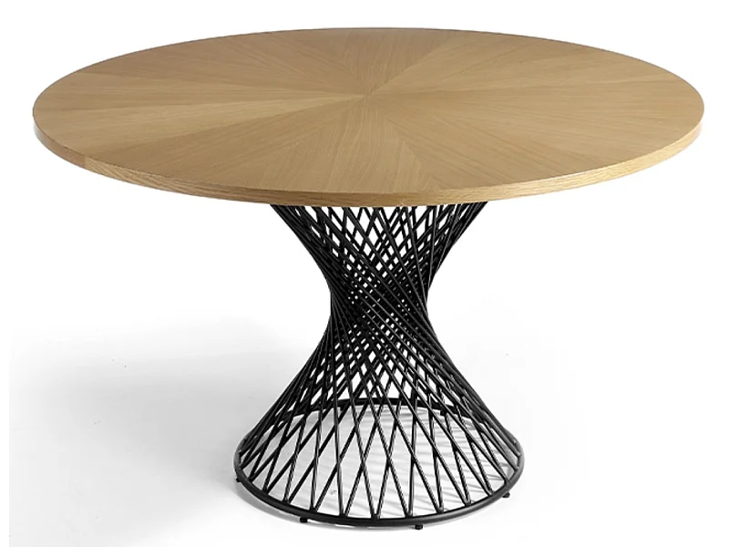 Table à manger ronde bois chêne clair et pieds croisée métalliques noir mat Helzani 137cm