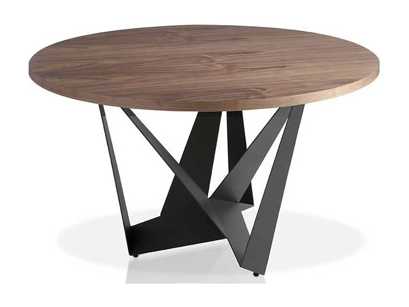 Mesa de comedor redonda de diseño Bazika 120 cm en madera de nogal con patas de acero negro