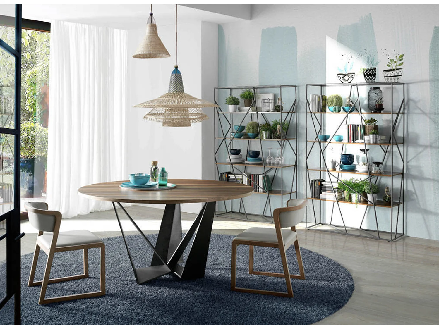 Mesa de comedor redonda de diseño Bazika 120 cm en madera de nogal con patas de acero negro