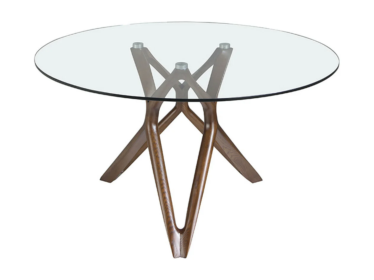Table à manger ronde design pieds bois couleur noyer et verre transparent Punka-Diamètre 120 cm
