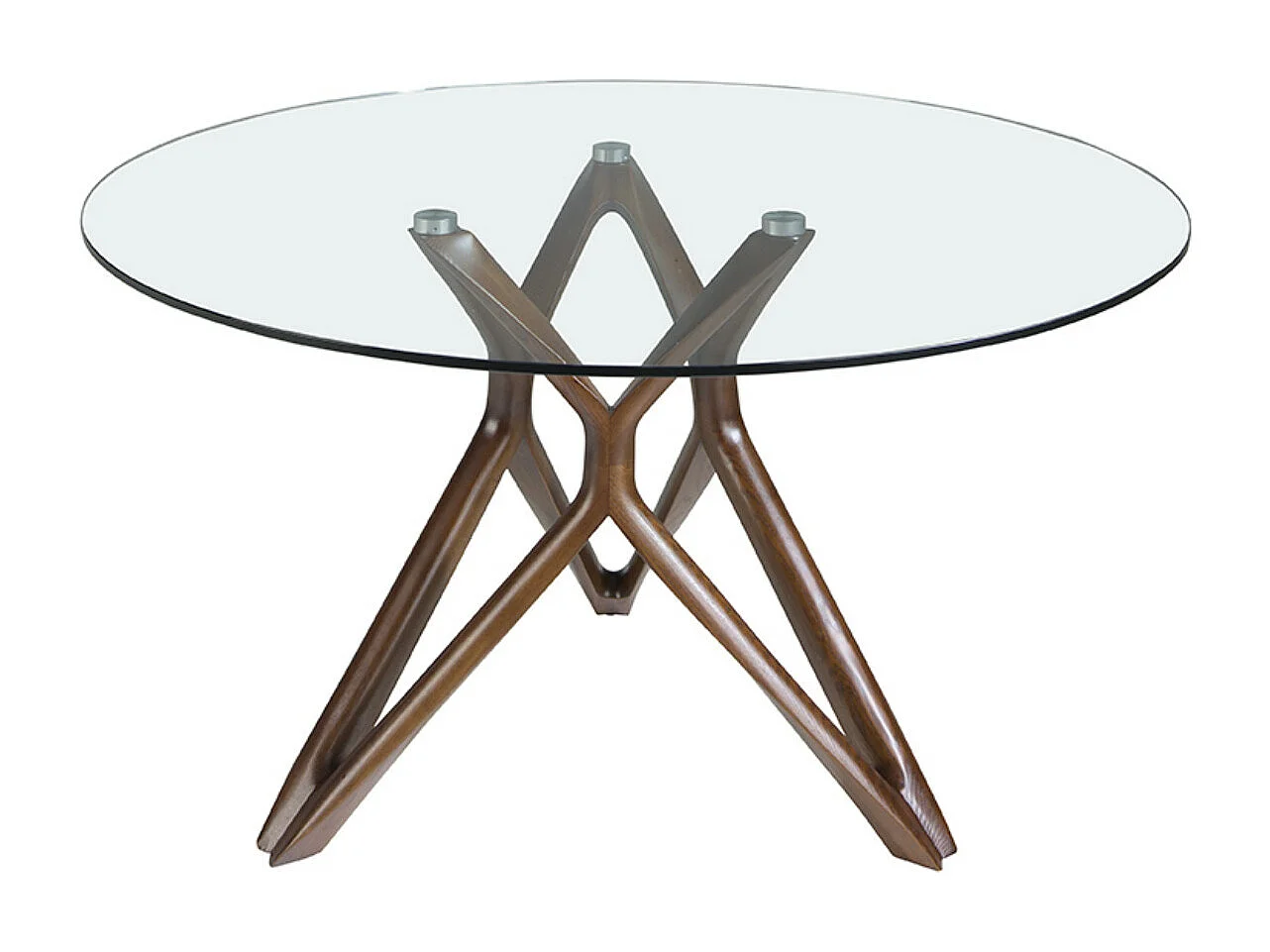 Table à manger ronde design pieds bois couleur noyer et verre transparent Punka-Diamètre 120 cm