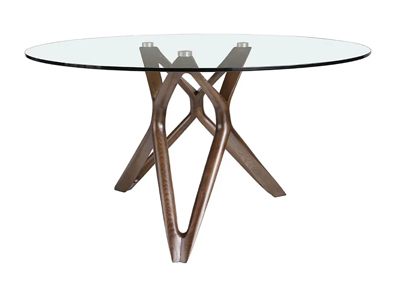 Table à manger ronde design pieds bois couleur noyer et verre transparent Punka-Diamètre 120 cm