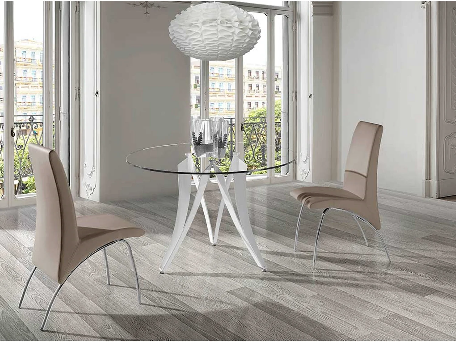 Ronde eettafel design gehard glas en glanzend witte poten Beniza 120 cm
