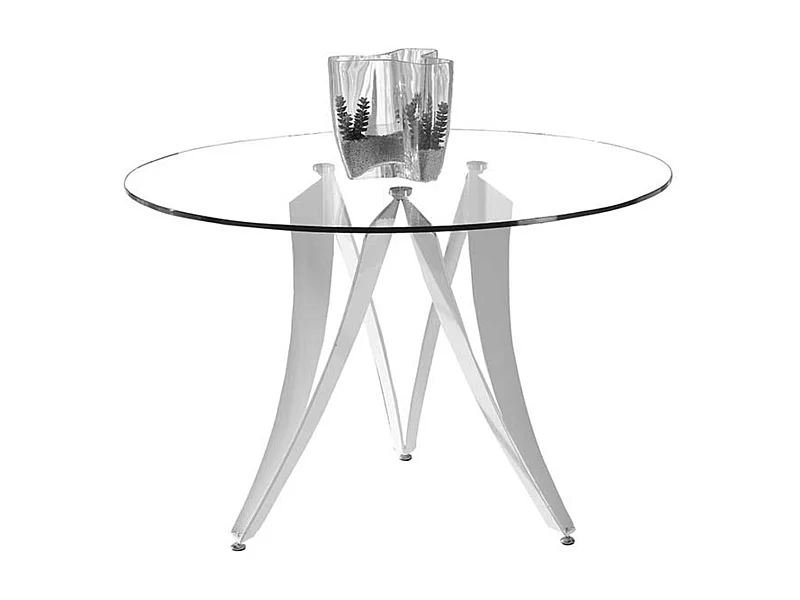 Table à manger ronde design verre trempé et pieds blanc brillant Beniza 120cm