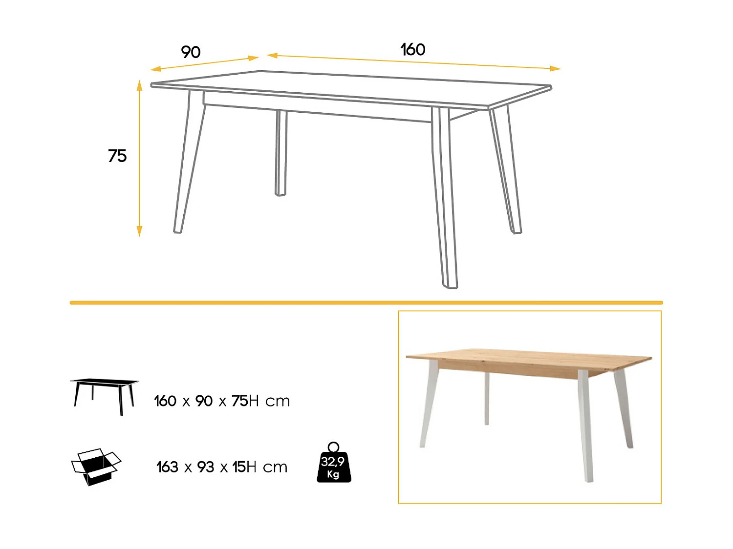 Kalieto licht eikenhouten eettafel en withouten poten 160 cm