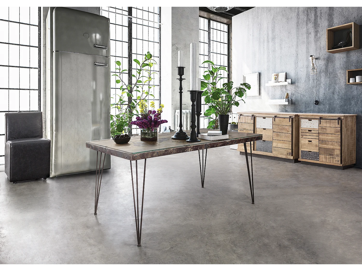 Table à manger en acier et verre avec carte Altas L 160cm