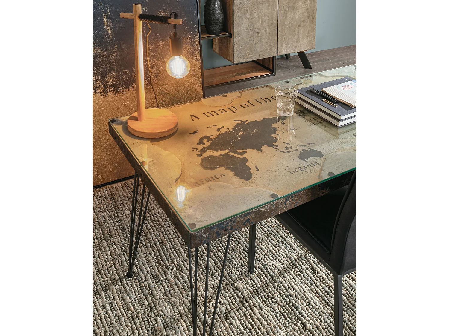 Table à manger en acier et verre avec carte Altas L 160cm