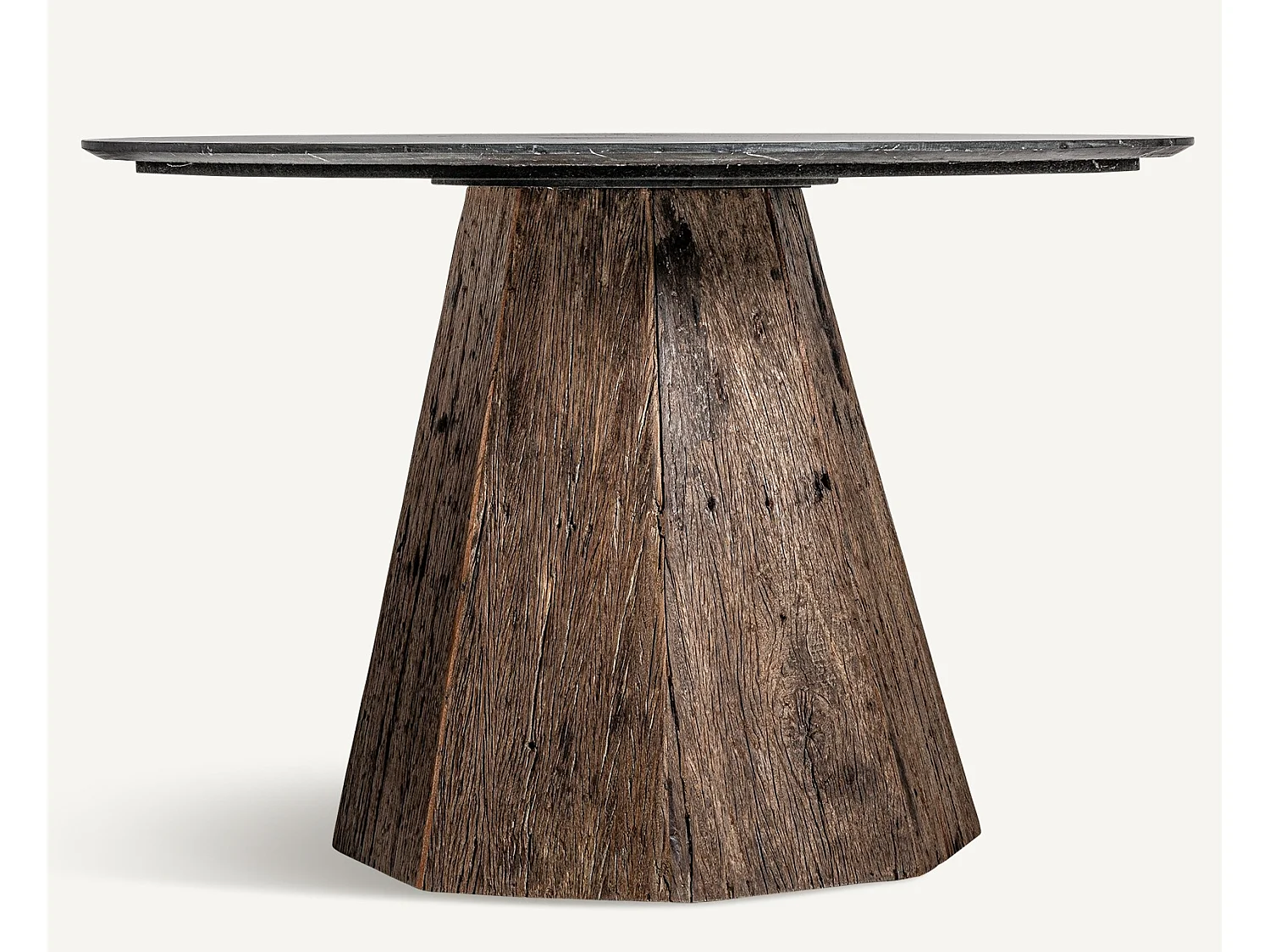 Table à manger ronde marbre de noir et pieds bois massif recyclé Wader 120cm