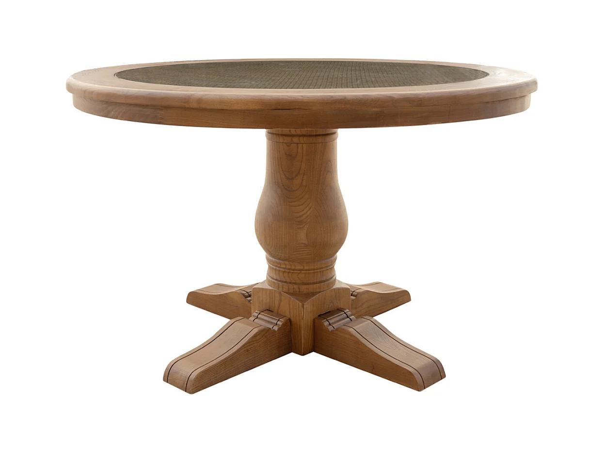 Table à manger ronde en chêne massif et rotin Vikale 120cm
