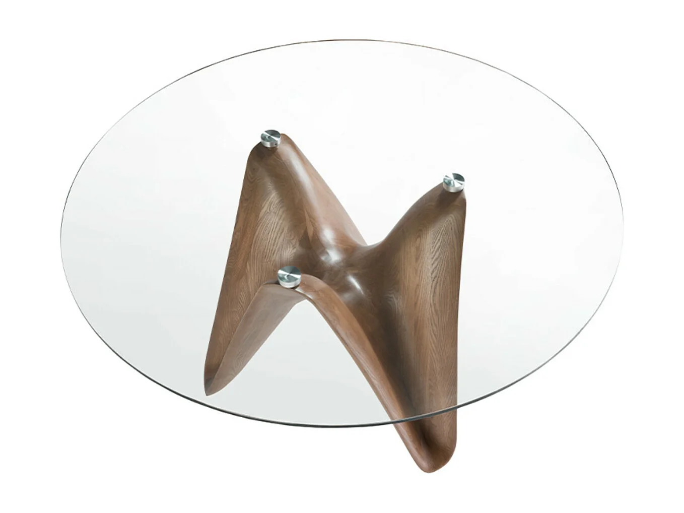 Table à manger ronde design en bois couleur noyer et verre transparent Kantar-Diamètre 150 cm
