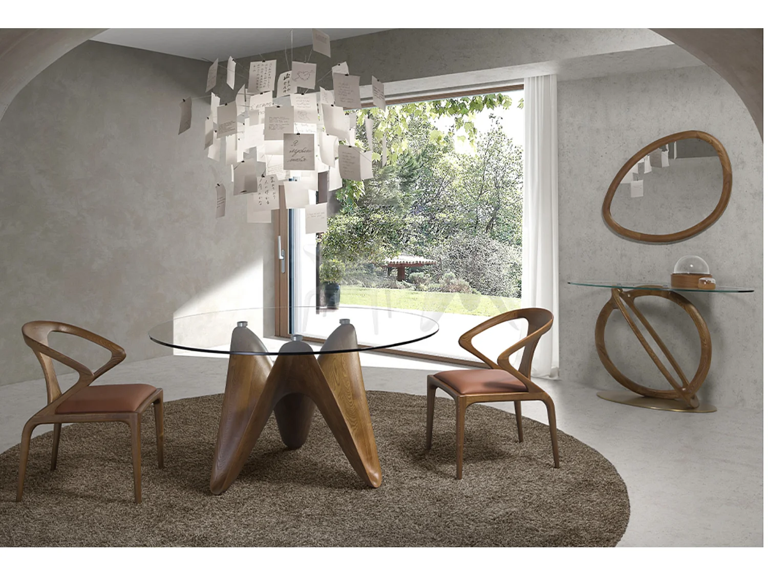 Table à manger ronde design en bois couleur noyer et verre transparent Kantar-Diamètre 150 cm