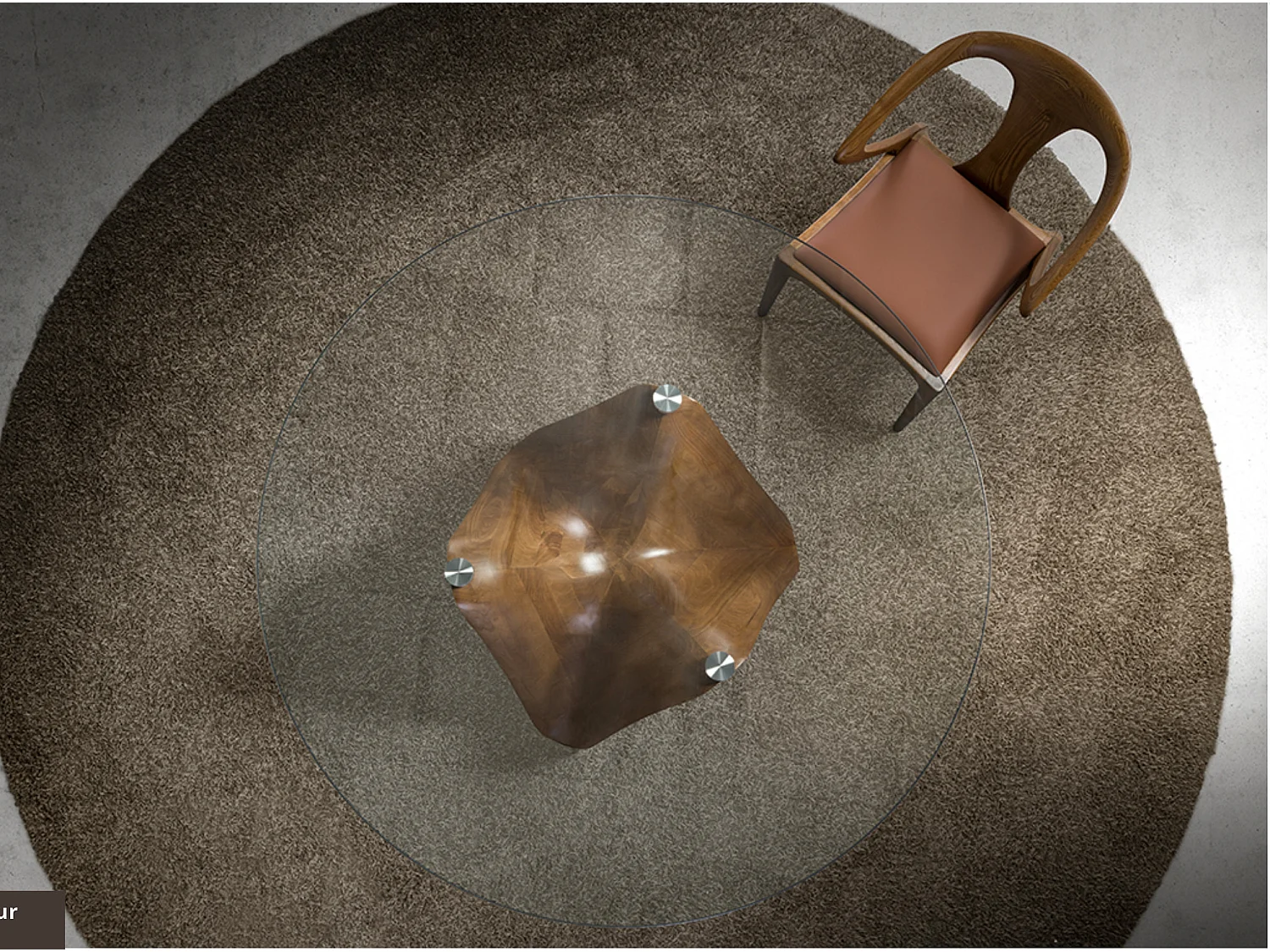 Table à manger ronde design en bois couleur noyer et verre transparent Kantar-Diamètre 150 cm