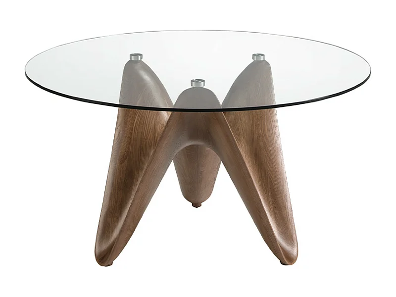 Table à manger ronde design en bois couleur noyer et verre transparent Kantar-Diamètre 150 cm