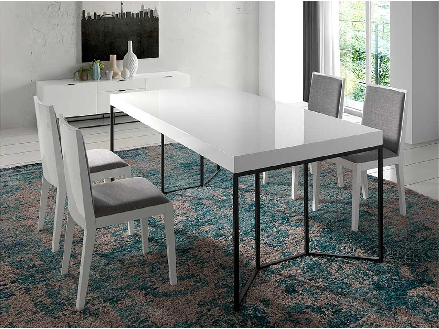 Table à manger blanche laquée et pieds métal noir Proka 200cm