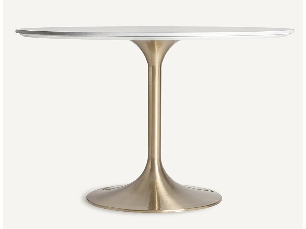 Mesa de comedor Korne redonda de cerámica y patas de acero dorado estilo art déco-Color Blanco-Diámetro 120 cm
