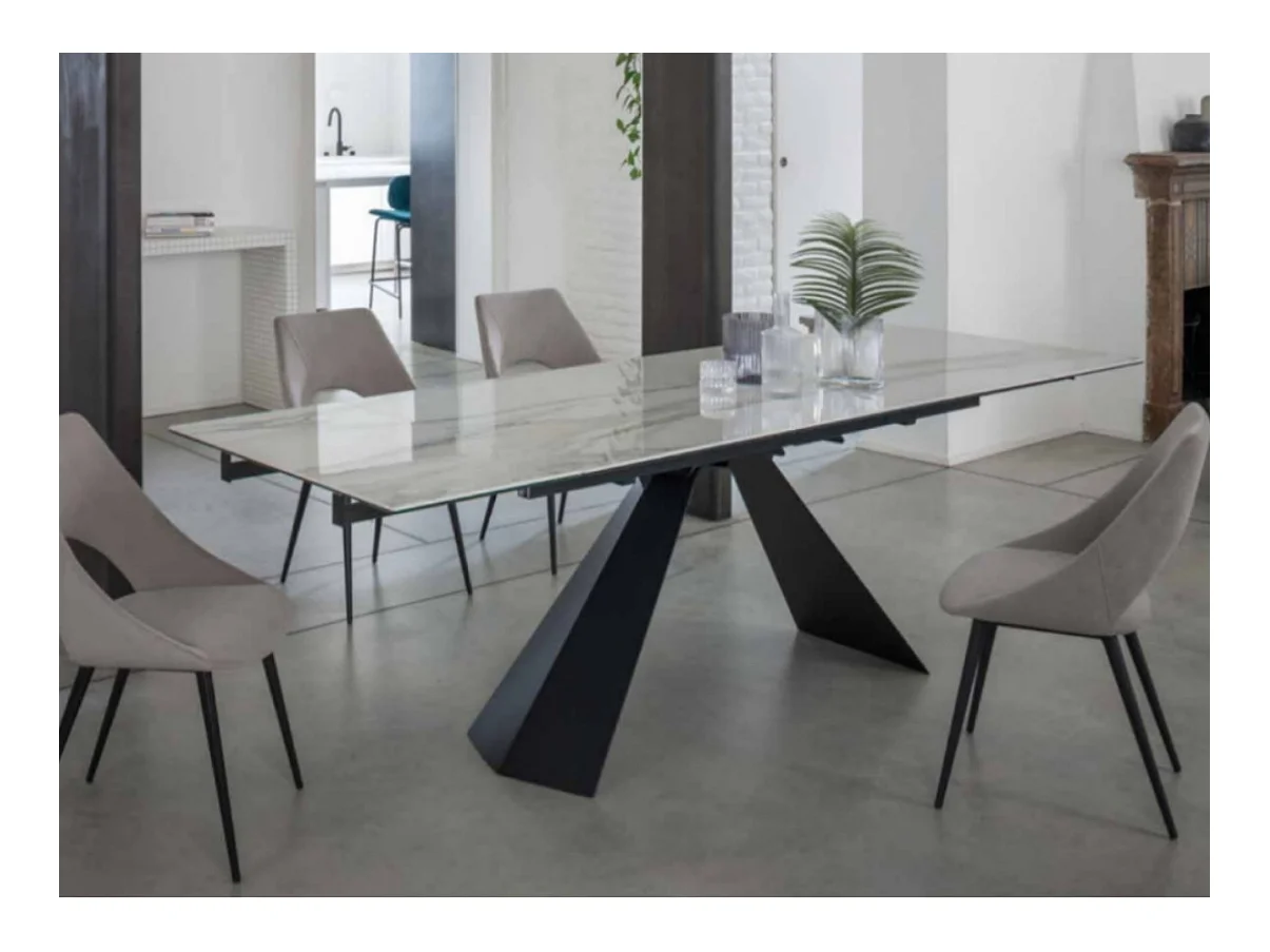 Table design 180cm céramique marbre blanc et pieds métal noir Kylane