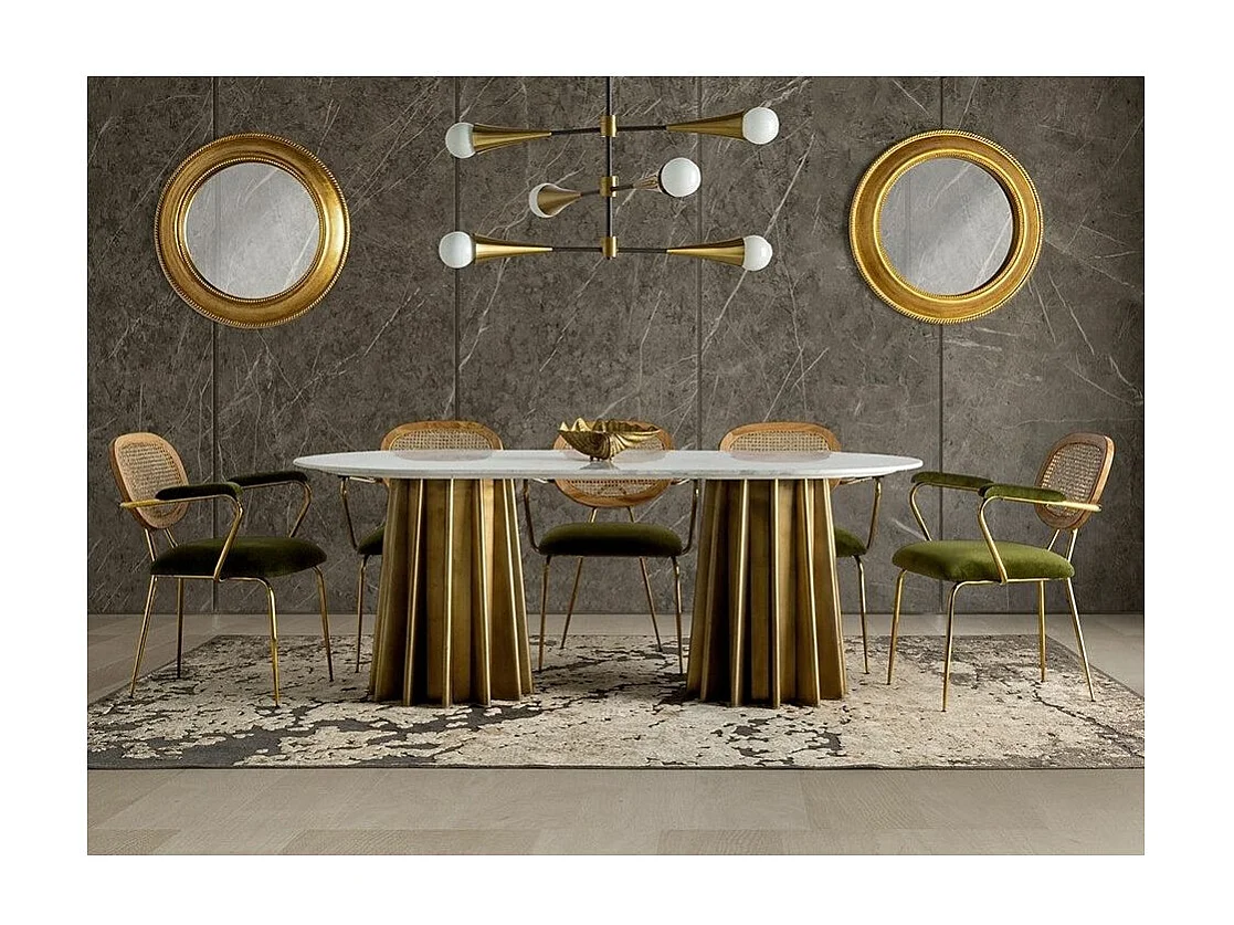 Table à manger ovale design marbre blanc et pied acier doré mat Mensa 200cm