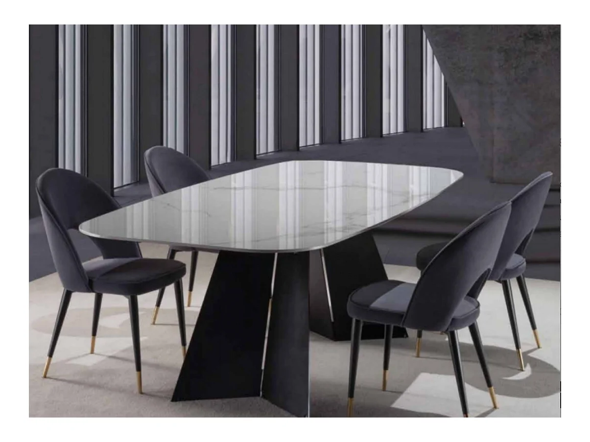 Table de repas design en céramique de marbre blanc de Carrare et pieds métal noir Empereur-Longueur 200 cm
