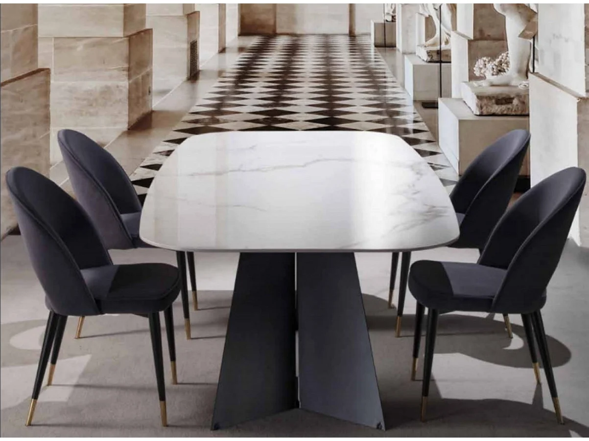 Table de repas design en céramique de marbre blanc de Carrare et pieds métal noir Empereur-Longueur 200 cm