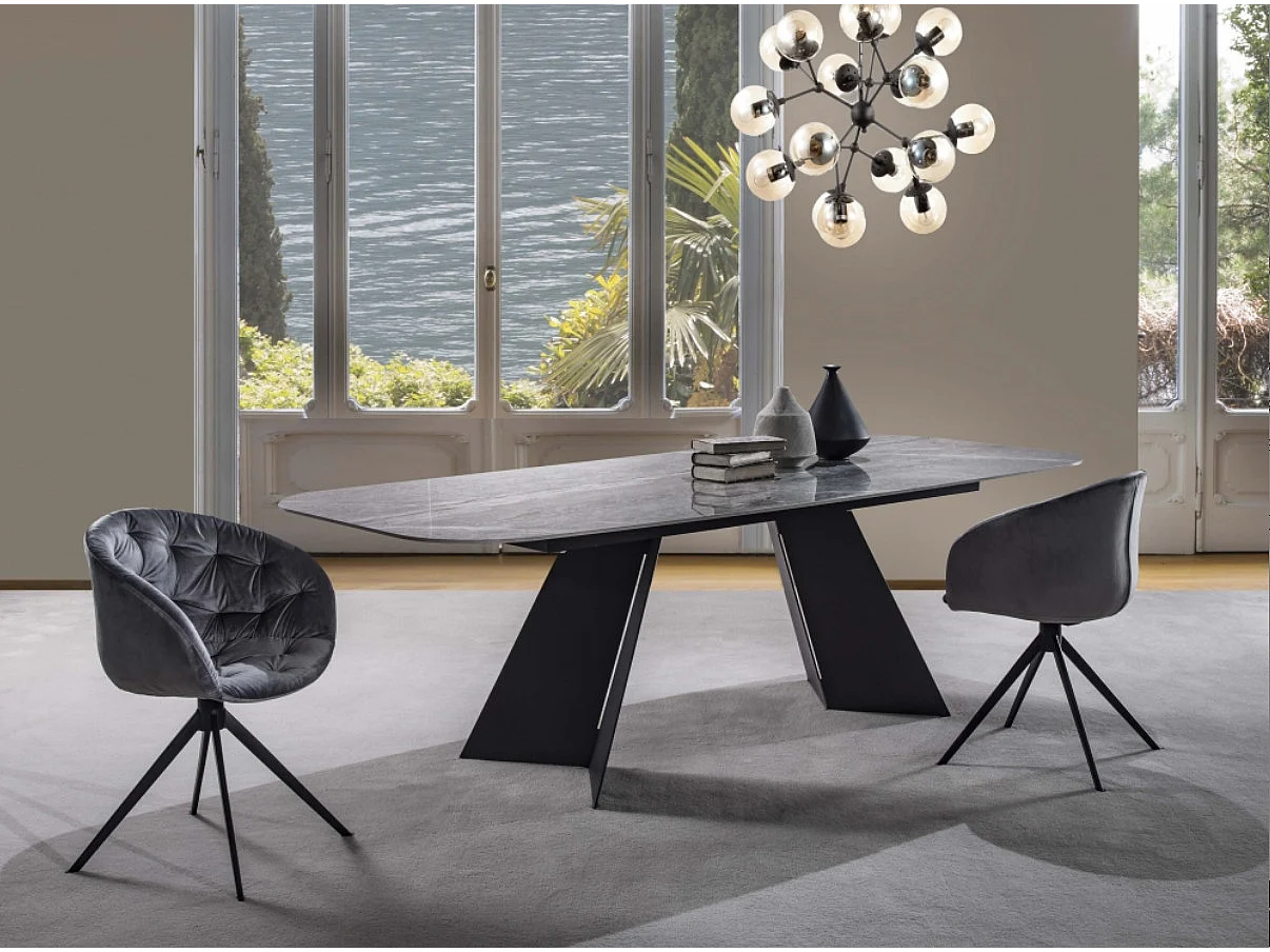 Table de repas design en céramique de marbre blanc de Carrare et pieds métal noir Empereur-Longueur 200 cm