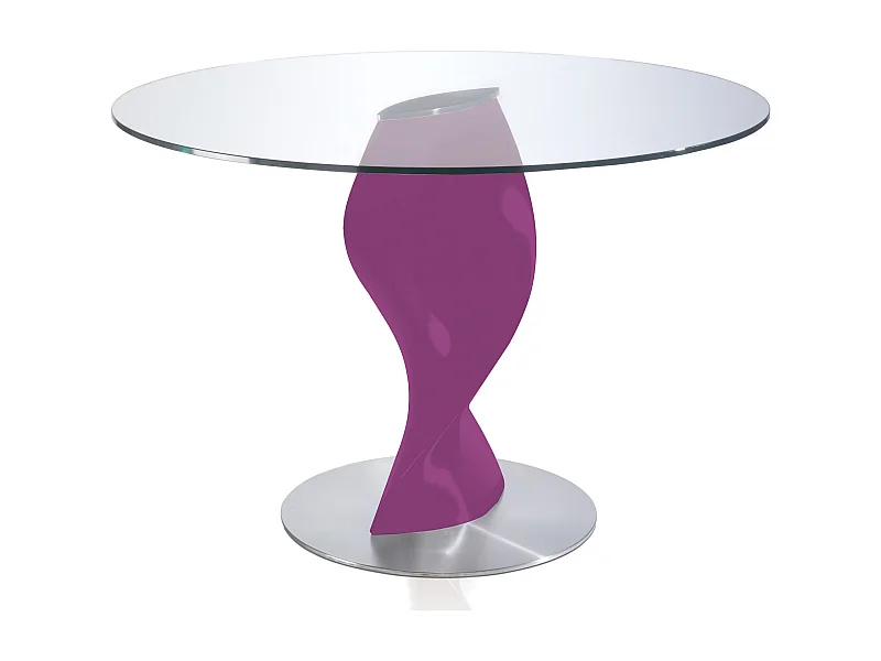 Ronde tafel met glazen blad en paars gelakte glasvezelpoot Torsada-Dimensies D 110 x H 76 cm