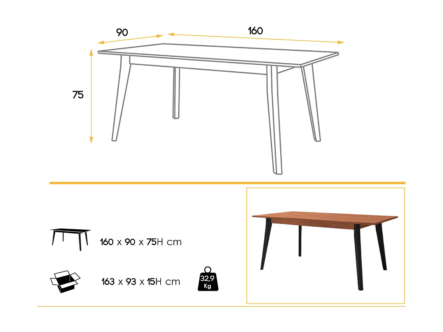 Table à manger en bois marron et pieds bois noir Kalieto 160cm