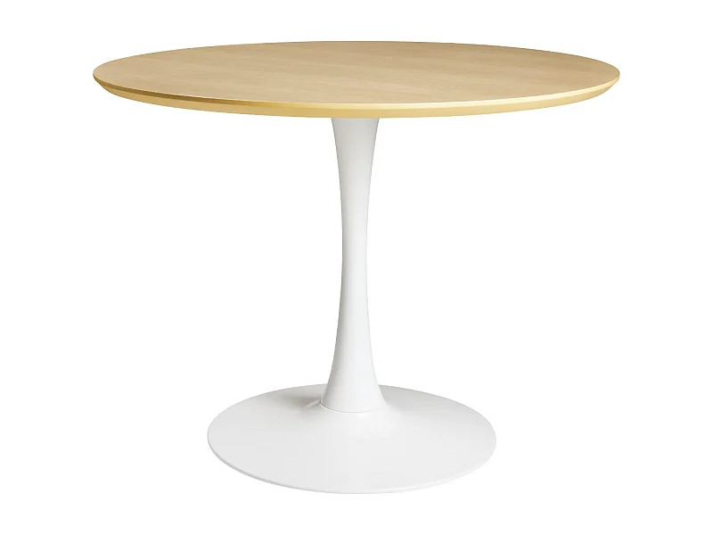 Mesa redonda moderna en madera natural y base de metal blanco Tulipa 80 cm