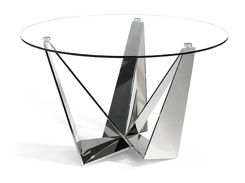 Mesa de comedor redonda de diseño Bazika de 130 cm con cristal templado y patas de acero cromado