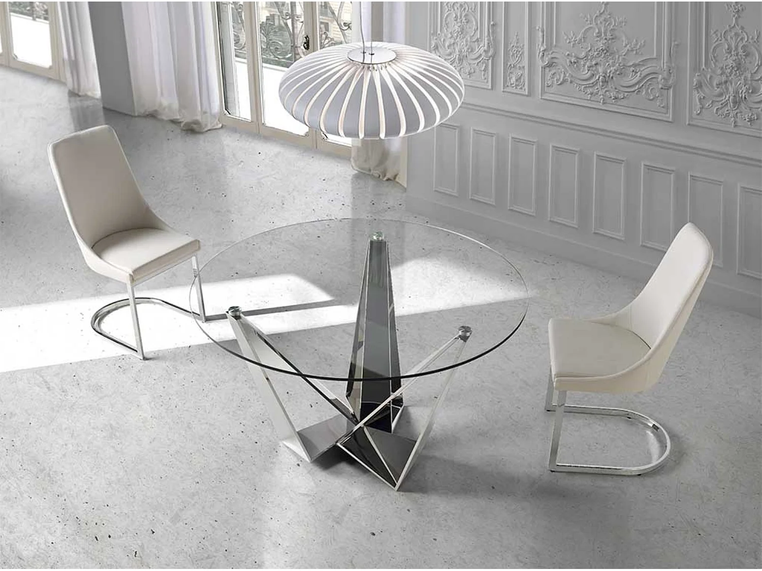 Table à manger ronde design verre trempé et pieds acier chromé Bazika 130cm