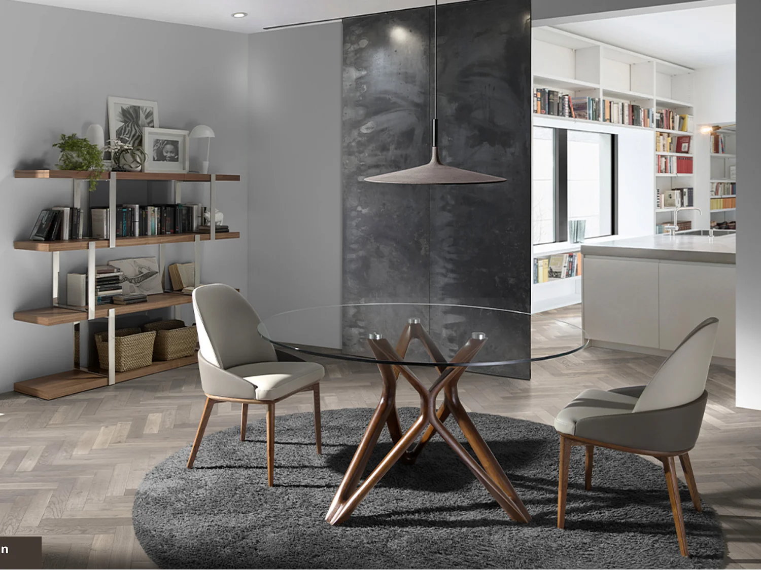 Table à manger ronde design pieds bois couleur noyer et verre transparent Punka-Diamètre 130 cm