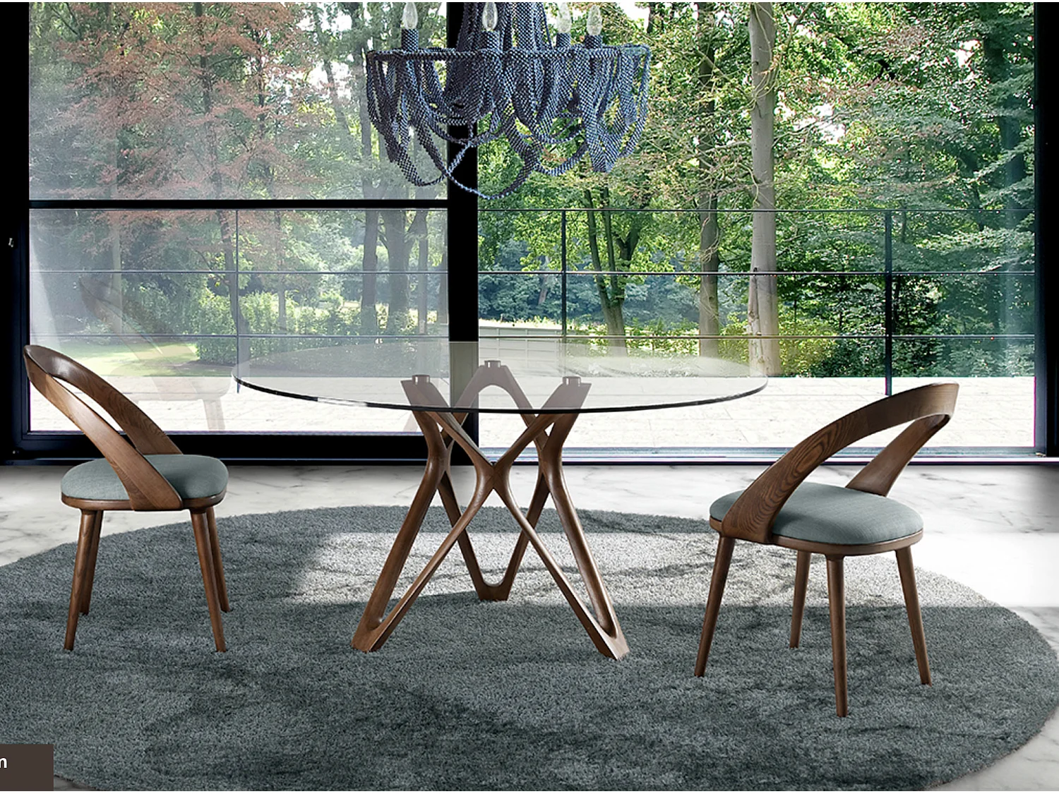 Table à manger ronde design pieds bois couleur noyer et verre transparent Punka-Diamètre 130 cm