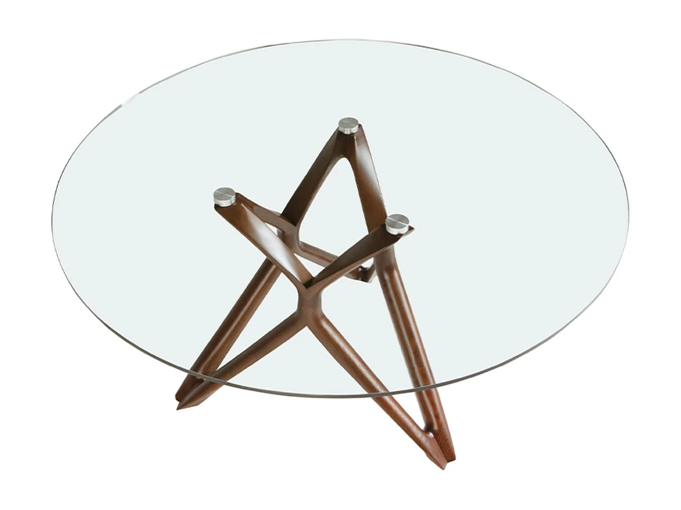 Table à manger ronde design pieds bois couleur noyer et verre transparent Punka-Diamètre 130 cm