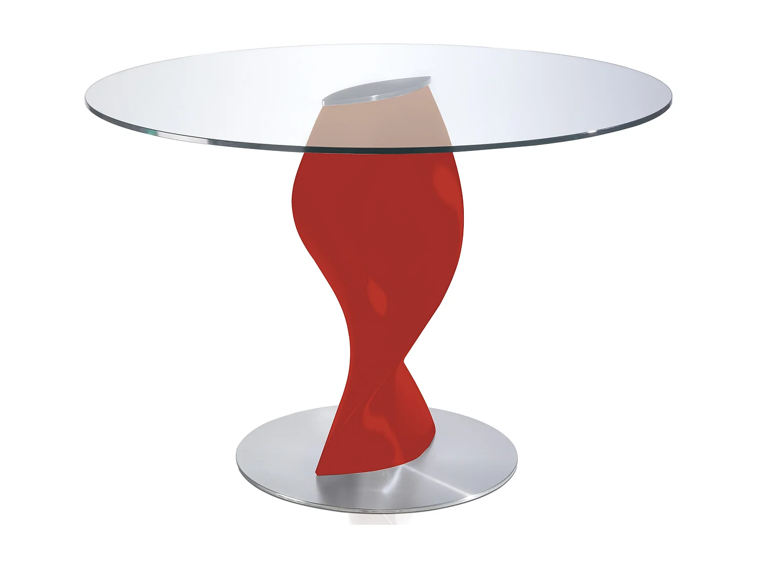 Ronde tafel met glazen blad en rood gelakte glasvezelpoot Torsada-Dimensies D 130 x H 76 cm
