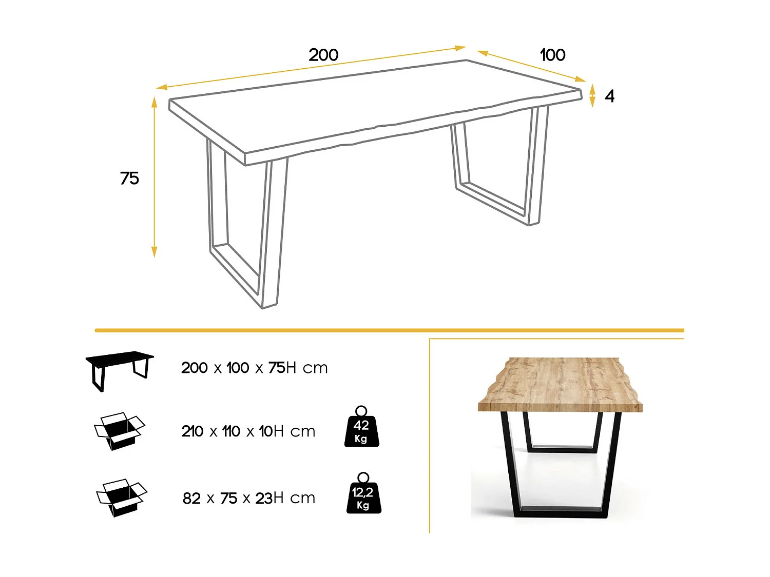 Table à manger bois de chêne rustique et métal noir Kibak 200cm