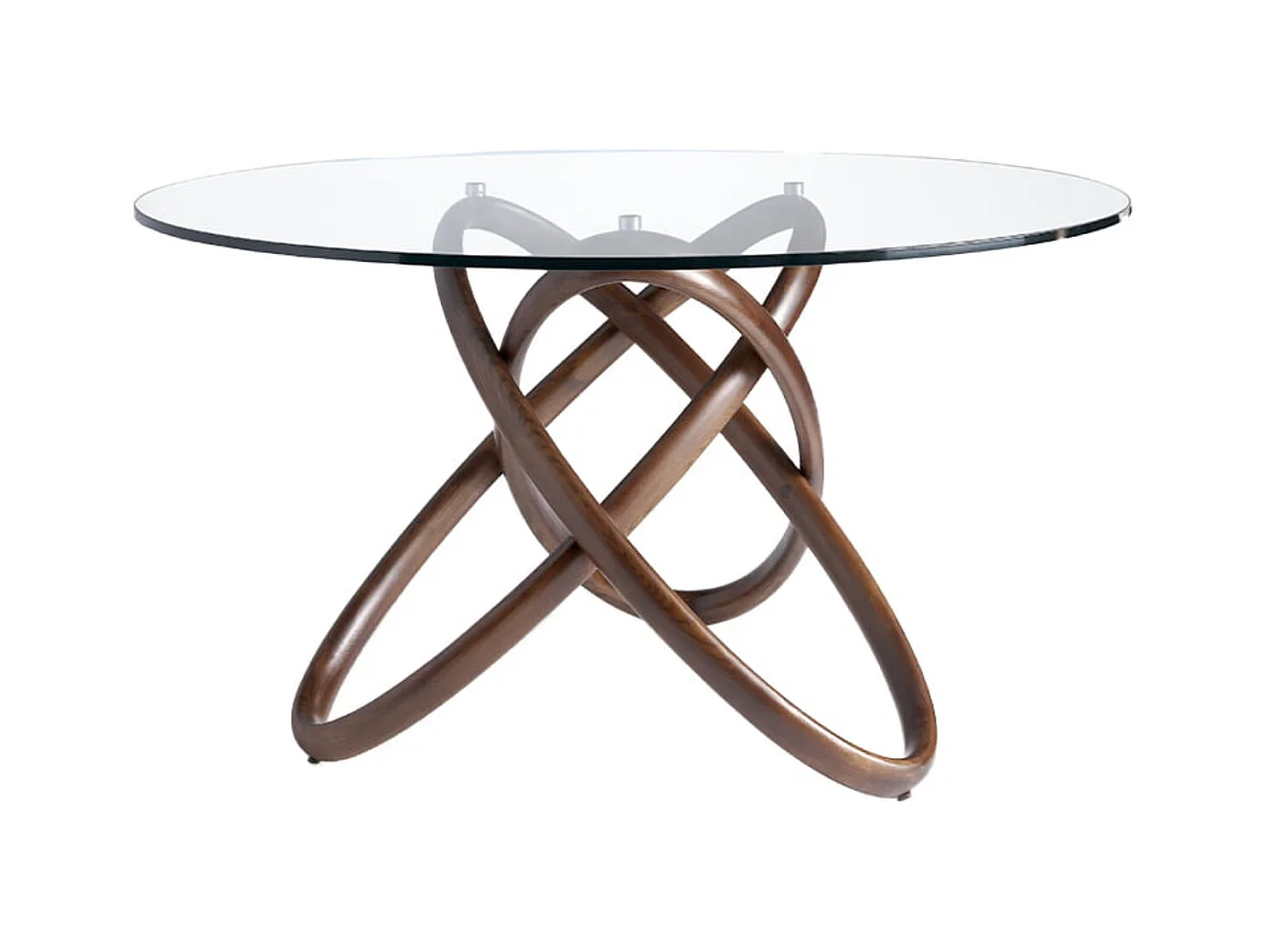 Table à manger ronde design en bois couleur noyer et verre transparent Artista-Diamètre 140 cm