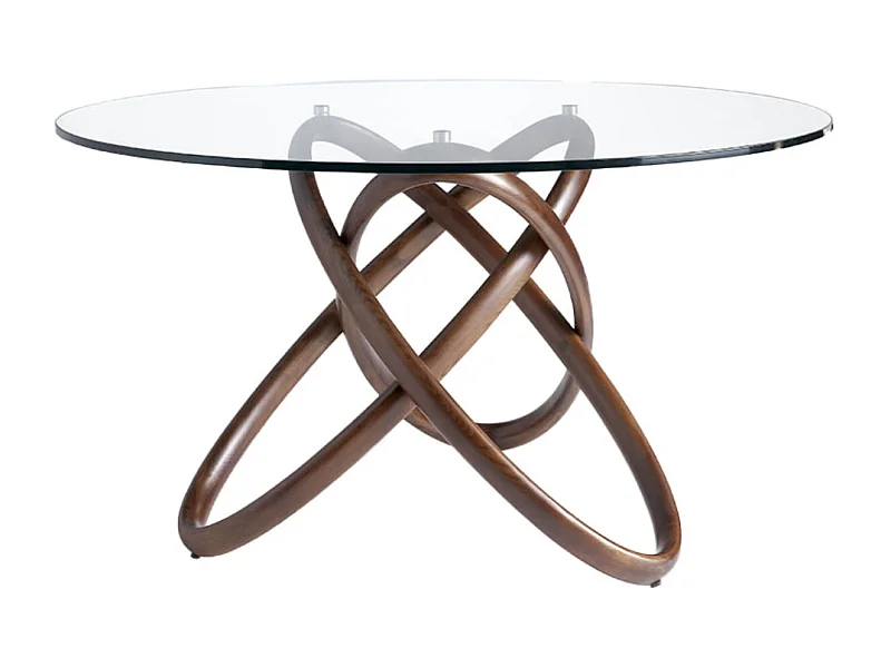 Table à manger ronde design en bois couleur noyer et verre transparent Artista-Diamètre 140 cm