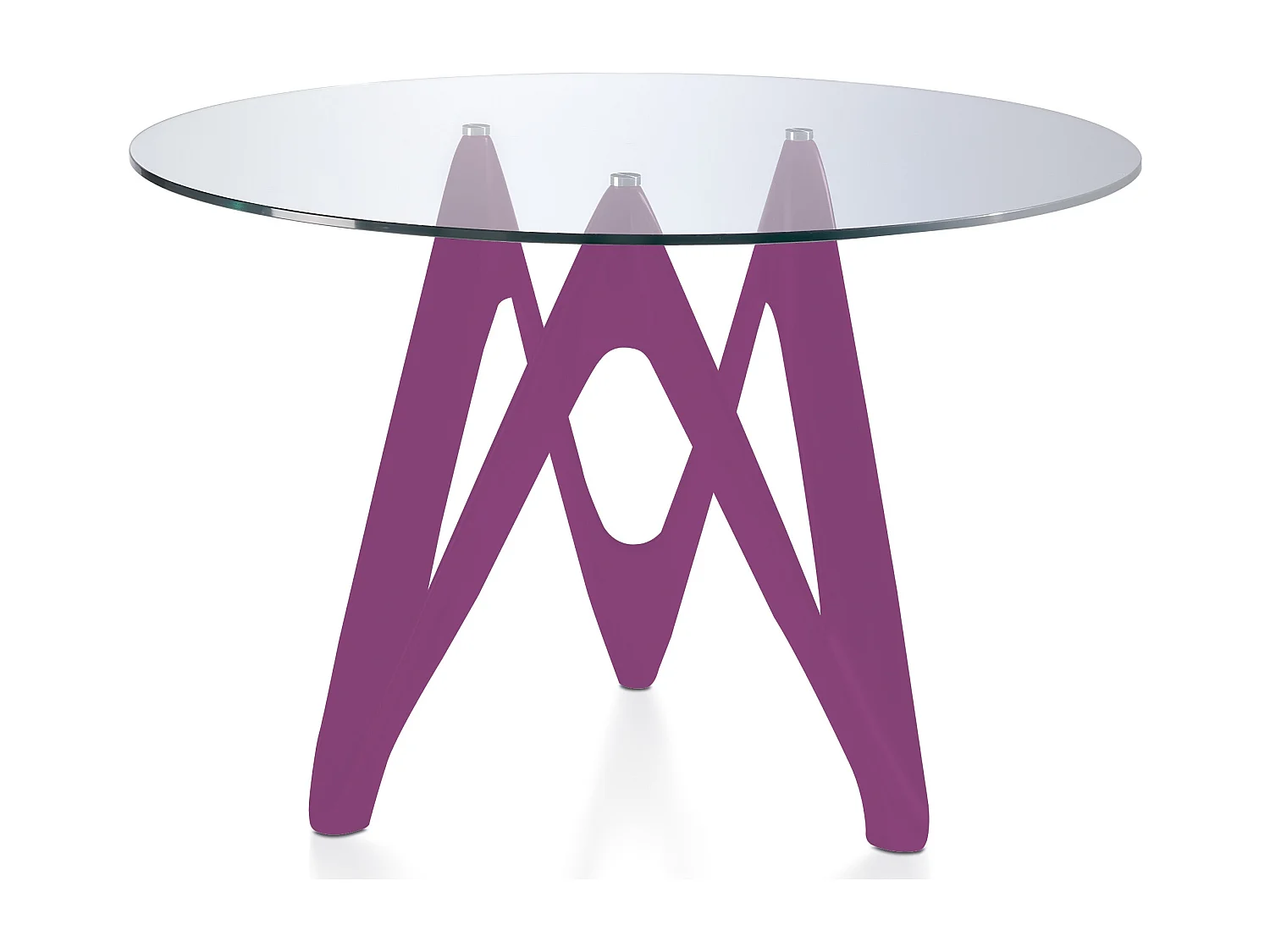 Ronde tafel met glazen blad en fuchsia gelakt glasvezel onderstel Perla-Dimensies D 120 x H 76 cm
