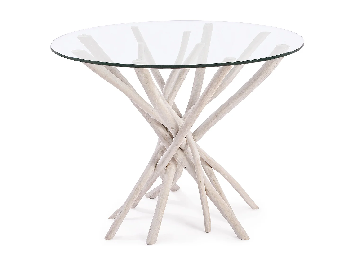 Table à manger rond en verre et branches teck Sary D 110cm