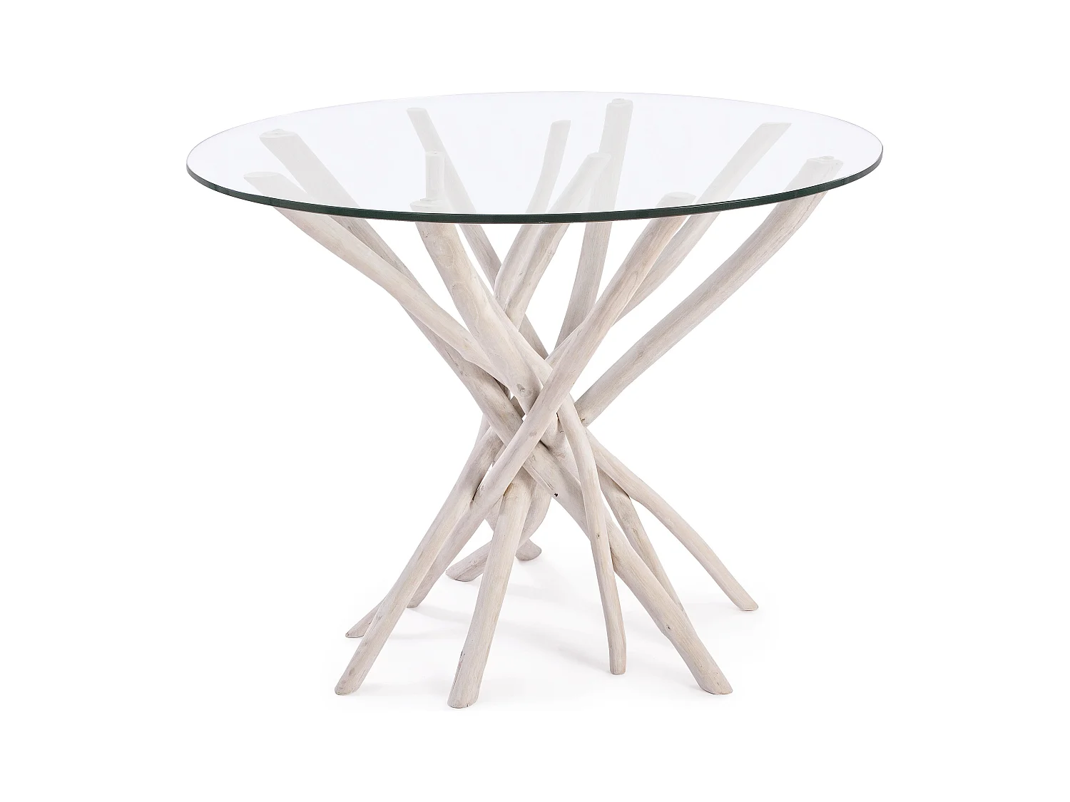 Table à manger rond en verre et branches teck Sary D 110cm