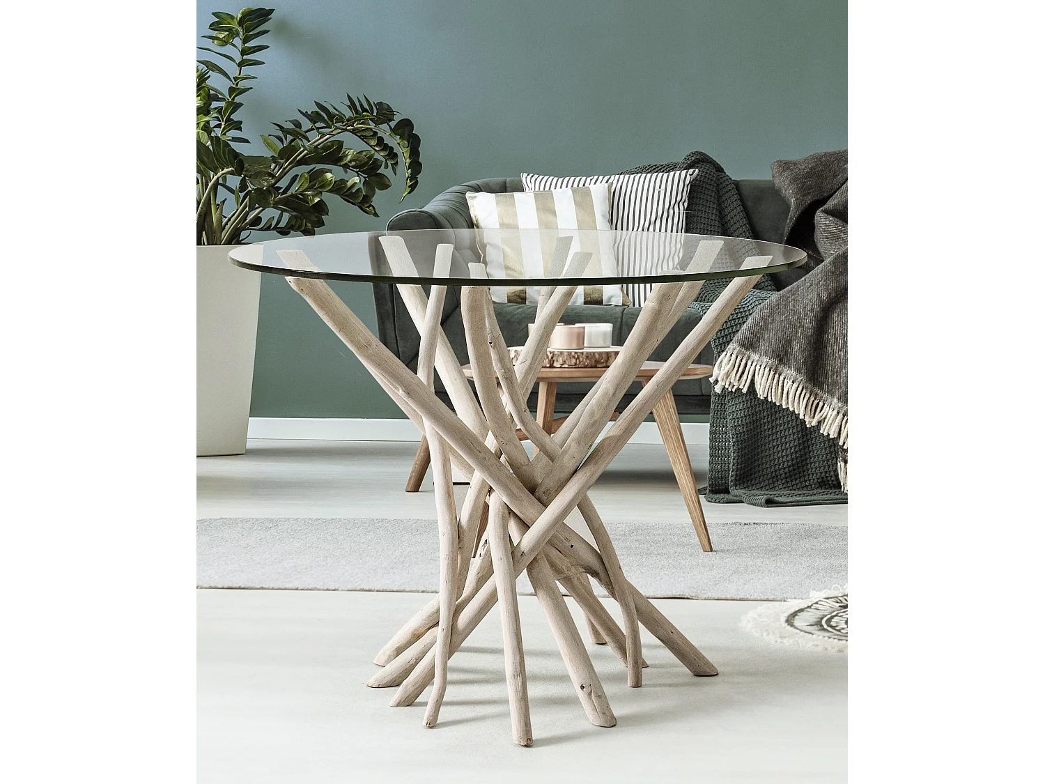 Table à manger rond en verre et branches teck Sary D 110cm