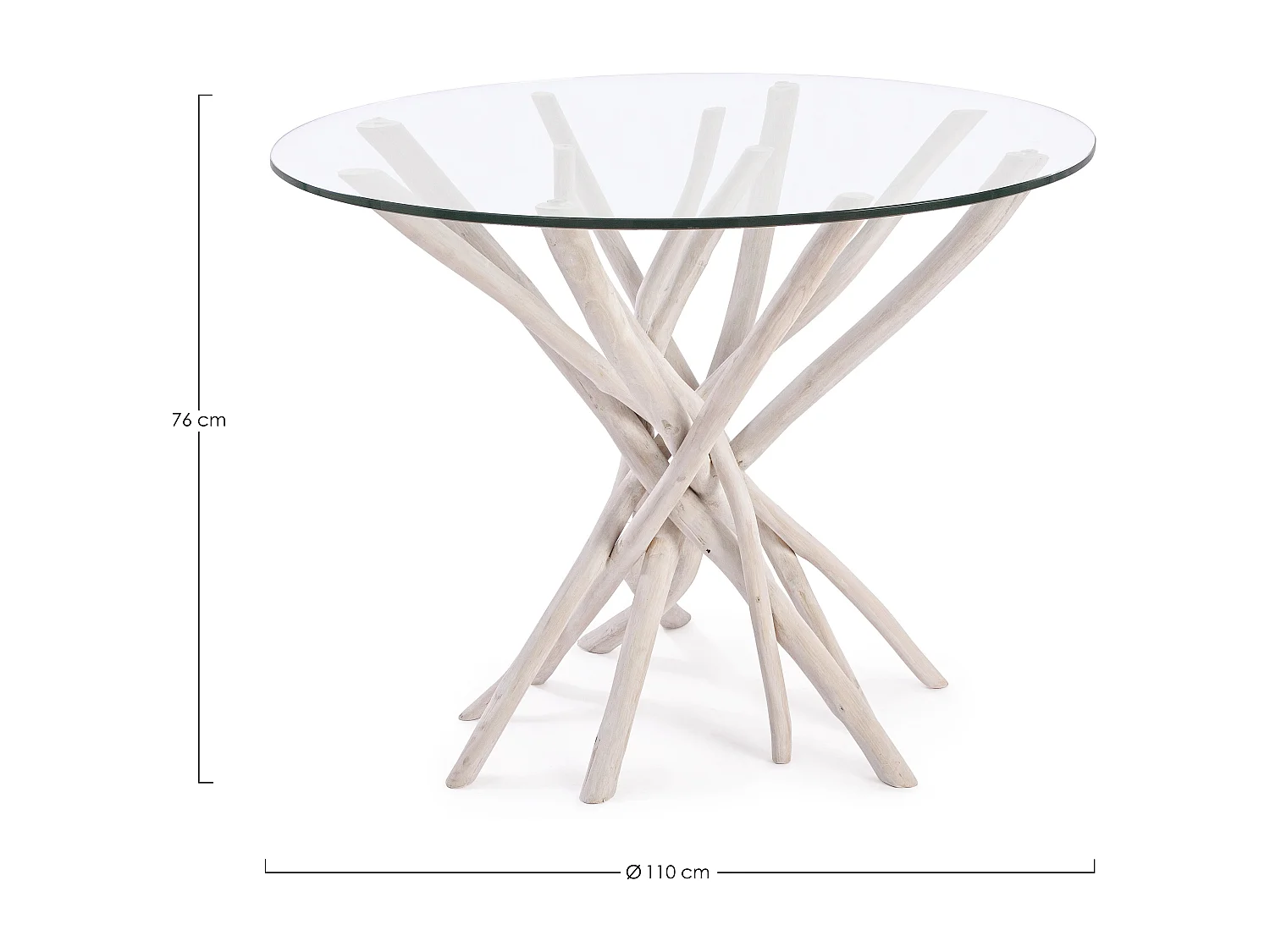 Table à manger rond en verre et branches teck Sary D 110cm
